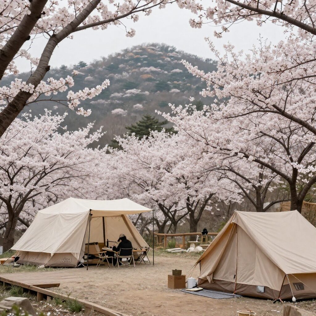 홍천 산으로 캠핑장 벚꽃이 핀 데크 사이트 전경