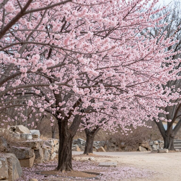 밀양향교 만개한 홍매화 나무 핑크빛 꽃이 가득 핀 모습