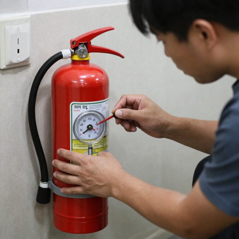 주택용 소화기 압력 게이지 점검하는 모습