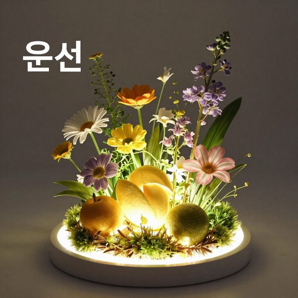 은은한 LED 조명이 반짝이는 과일과 꽃이 결합된 화이트데이 선물용 화환
