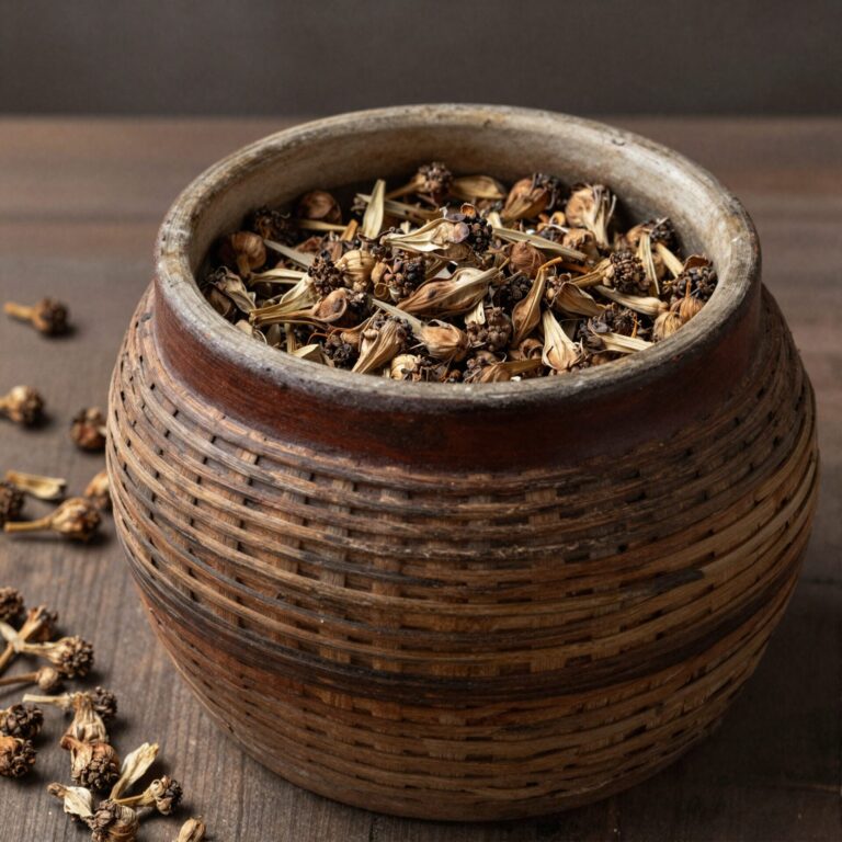 말린 목련 꽃봉오리와 우려낸 목련꽃차가 담긴 찻잔