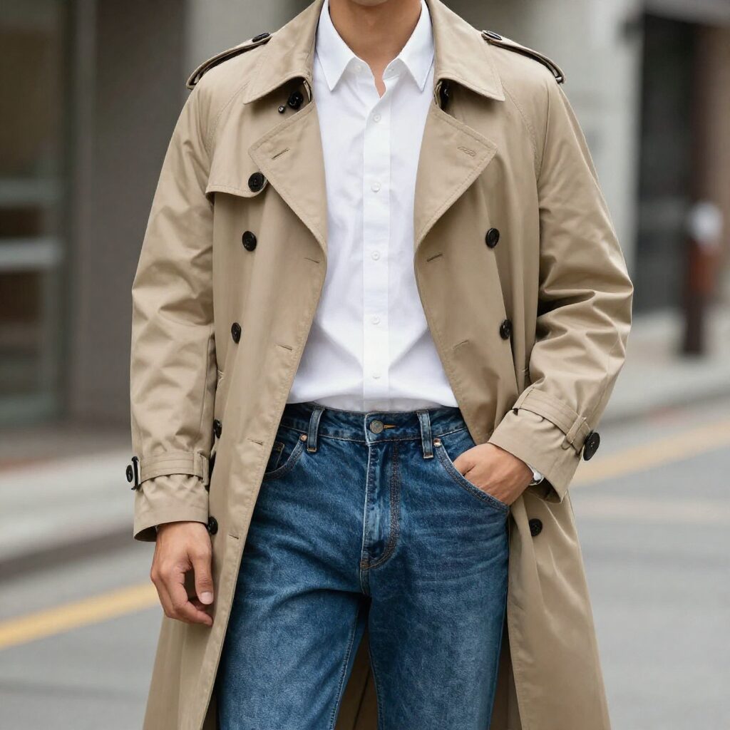 남성 트렌치코트와 데님 팬츠 화이트 셔츠를 매치한 캐주얼 스타일링