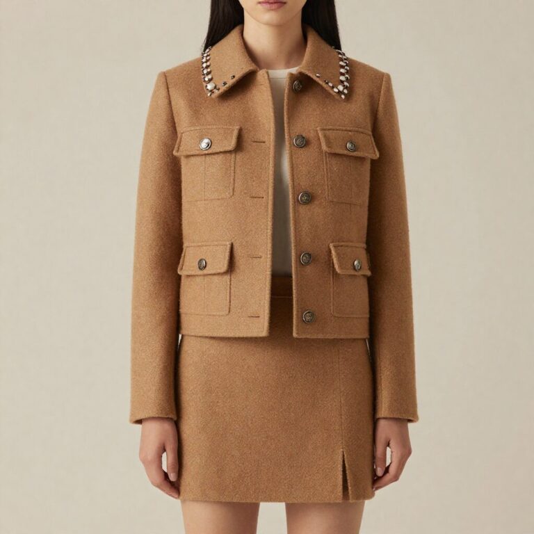 미쏘 카멜색 버클 장식 자켓과 울 미니스커트를 함께 코디한 모습