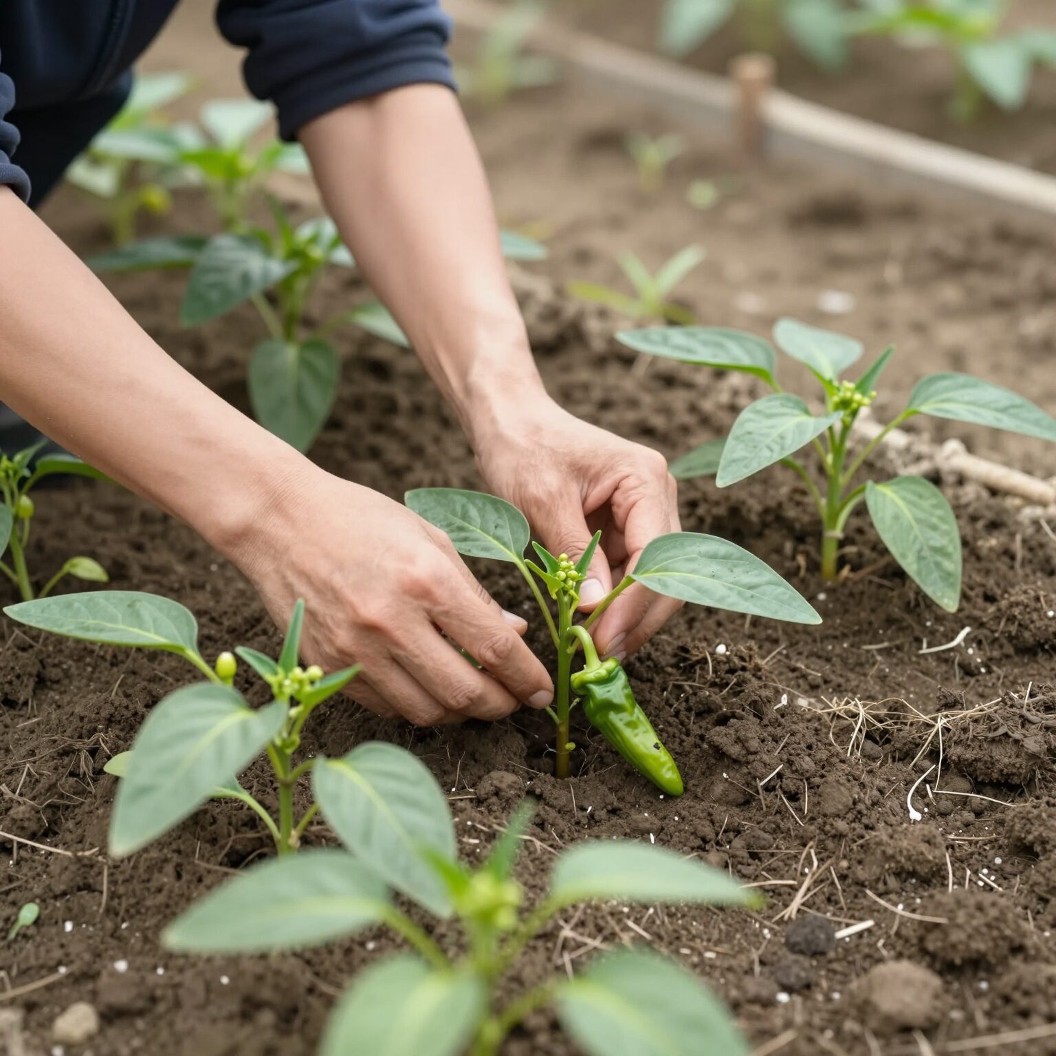 텃밭에 고추 모종을 심는 과정, 두둑을 높게 만들어 물 빠짐을 좋게 하고 있다