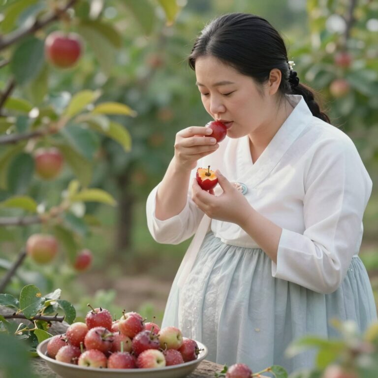 임산부가 참외를 깨끗이 씻어 조각내어 먹는 모습