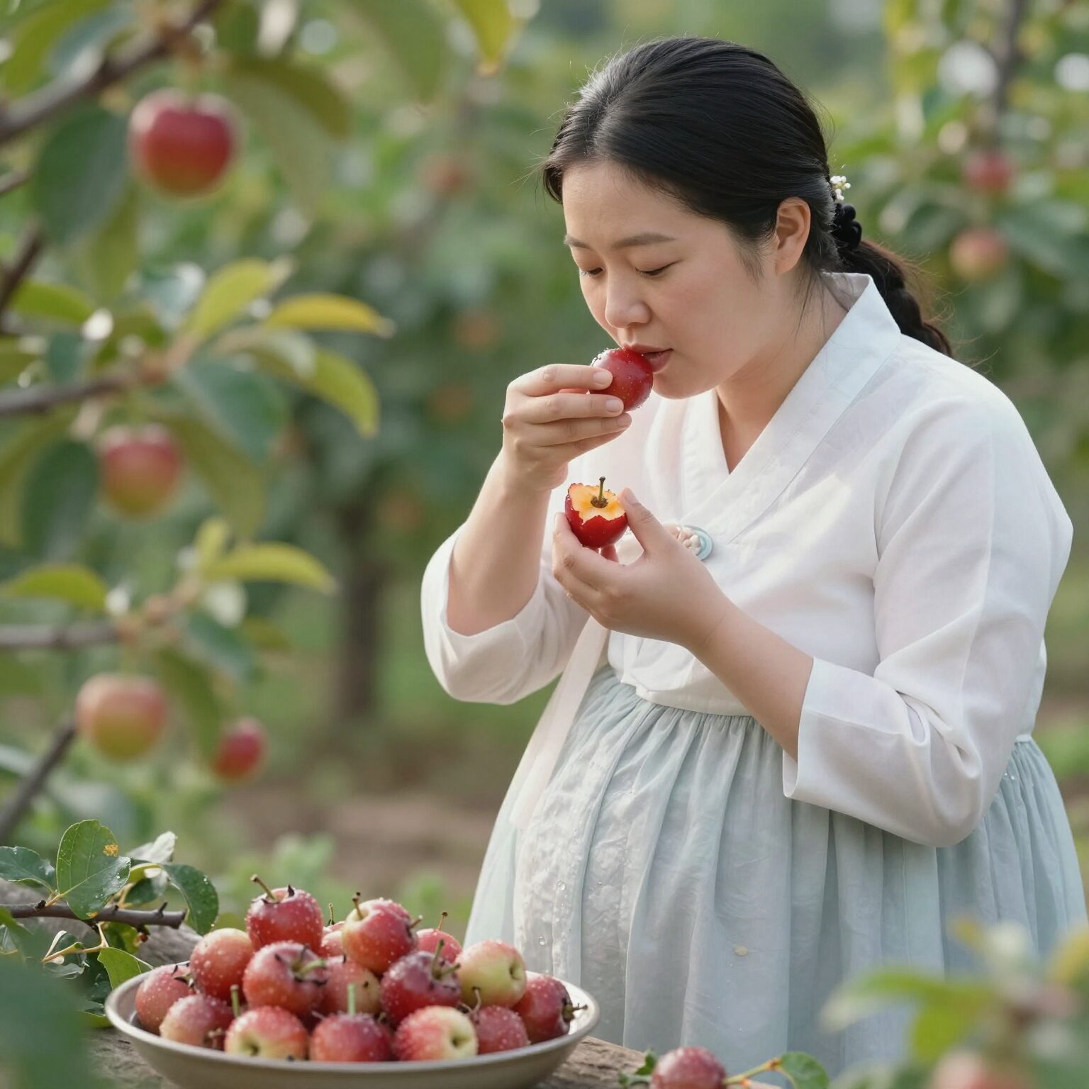 임산부가 참외를 깨끗이 씻어 조각내어 먹는 모습