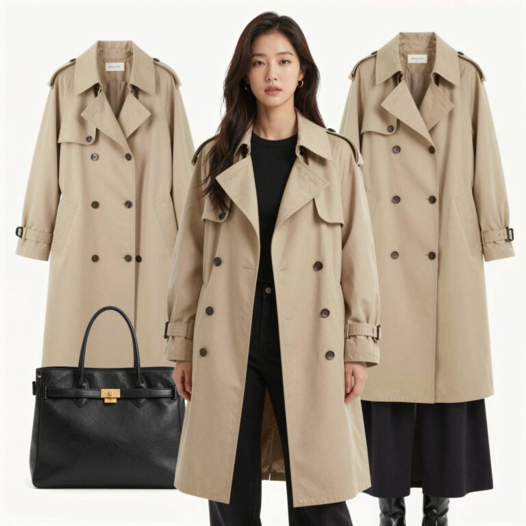 로엠 맥 트렌치코트를 입은 여성의 데일리 코디 사진