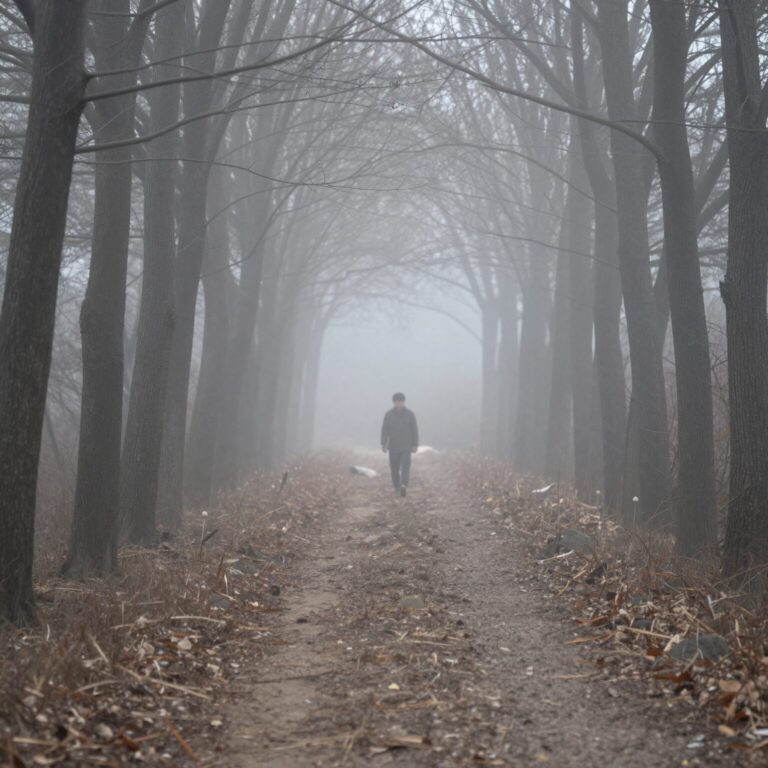 안개 낀 사려니 숲길의 고요한 풍경