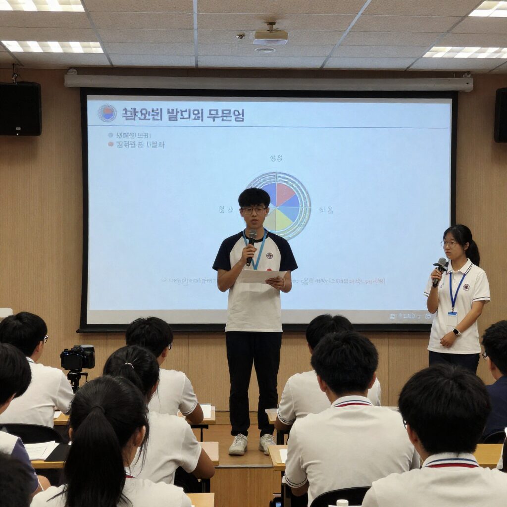 청소년이 발명대회 무대에서 프로젝트를 발표하는 모습