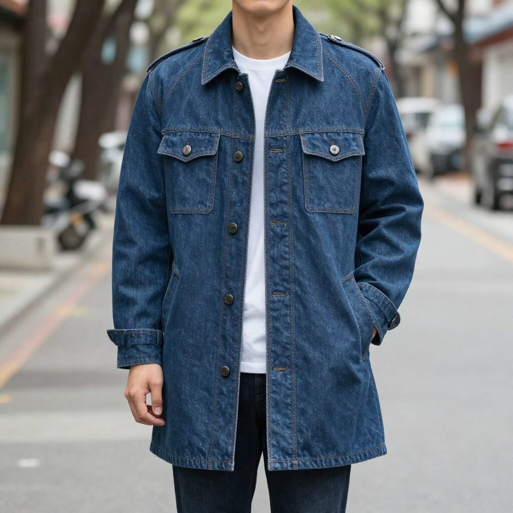 라운드 칼라 하프 트렌치코트와 데니머 청바지를 매치한 캐주얼 봄 스타일링