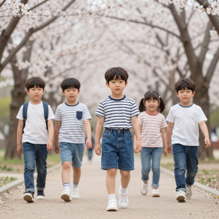 봄 공원에서 부츠컷 청바지와 스트라이프 티셔츠를 입은 아이들 나들이 코디