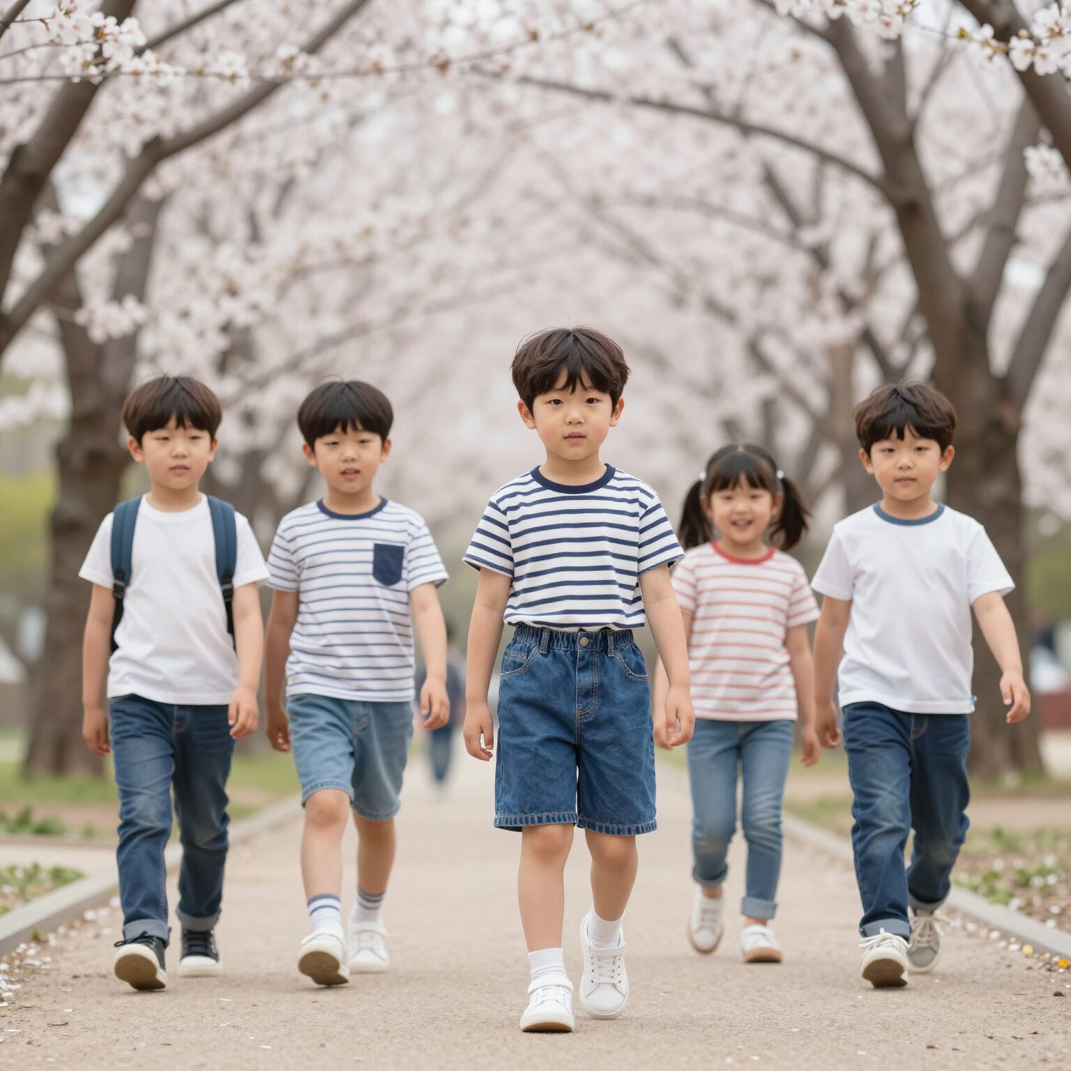 봄 공원에서 부츠컷 청바지와 스트라이프 티셔츠를 입은 아이들 나들이 코디