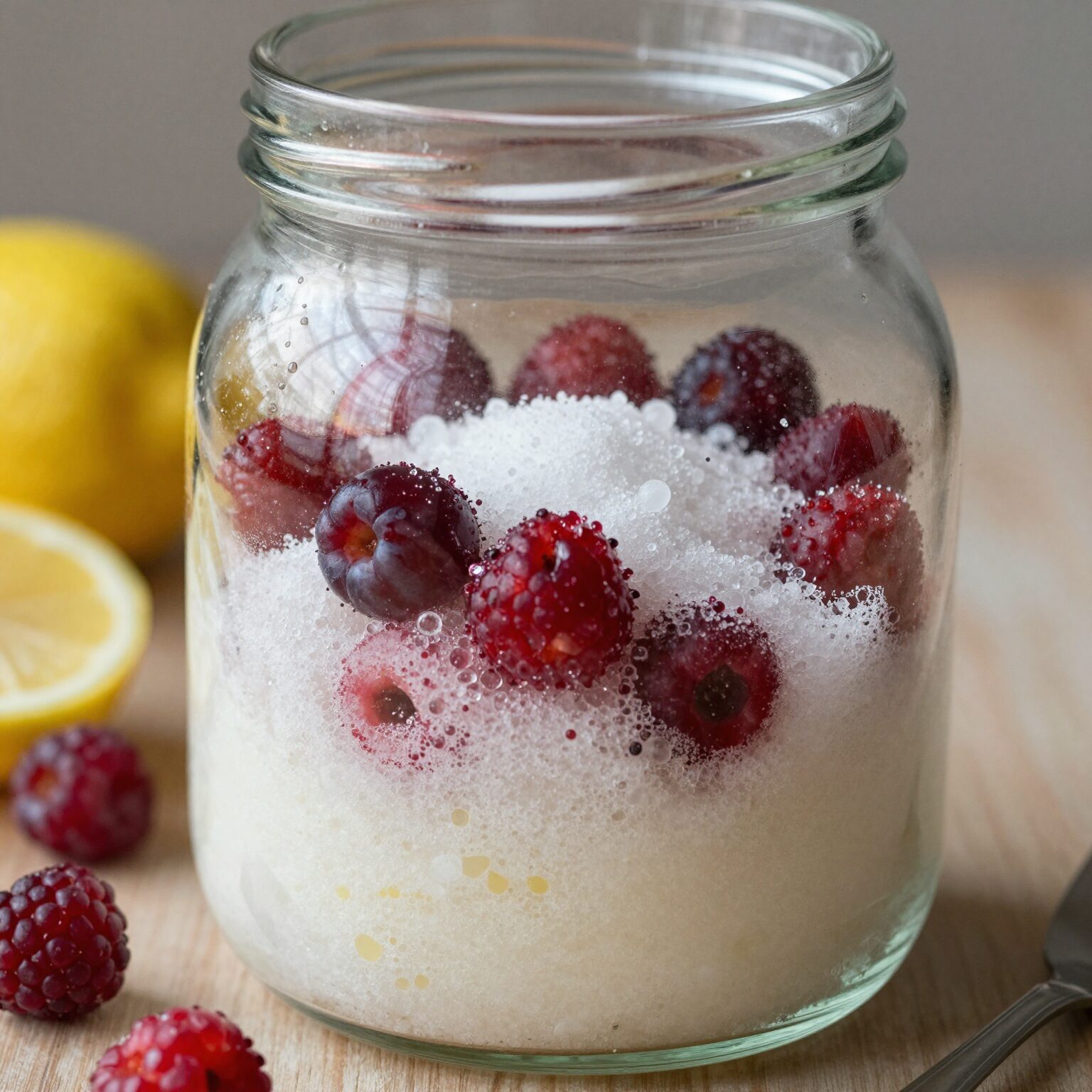 잘게 다져 설탕과 레몬즙을 섞은 딸기청 반죽이 유리병에 담겨 있는 모습