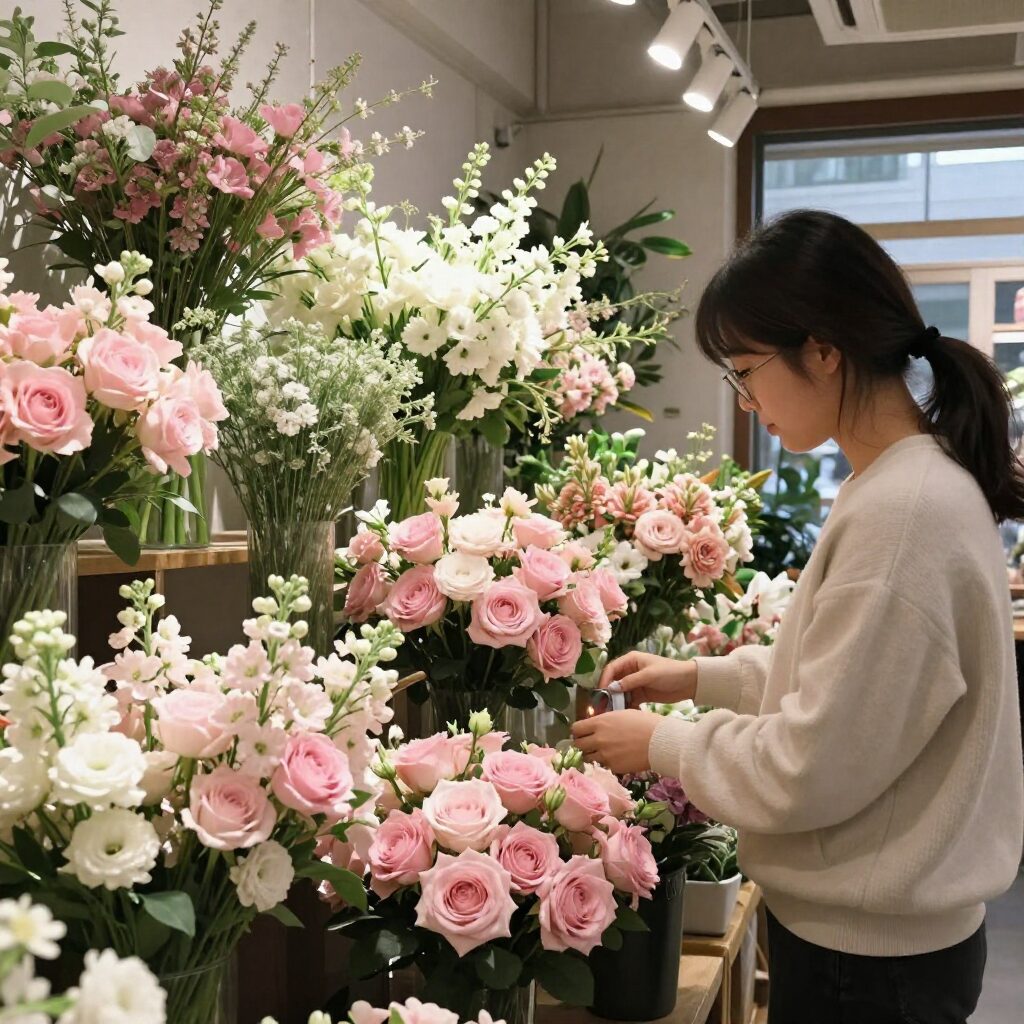 마곡역 온도플라워 매장 내부와 화이트데이용 연핑크 꽃다발