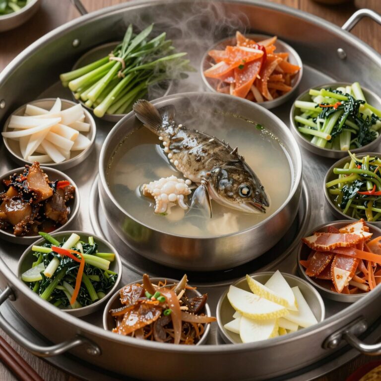 유경식당에서 나온 신선한 도다리쑥국과 다양한 반찬 상차림