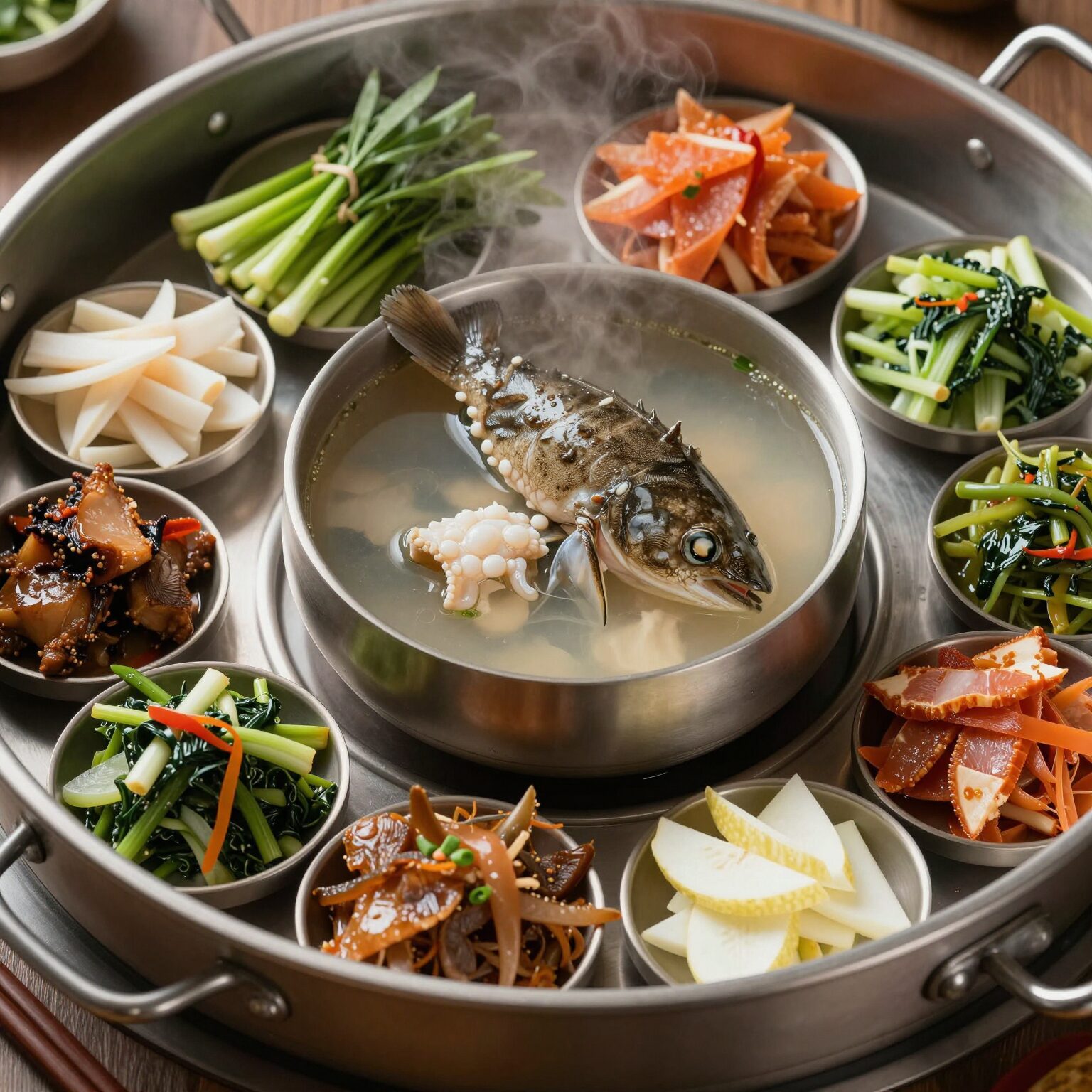 유경식당에서 나온 신선한 도다리쑥국과 다양한 반찬 상차림