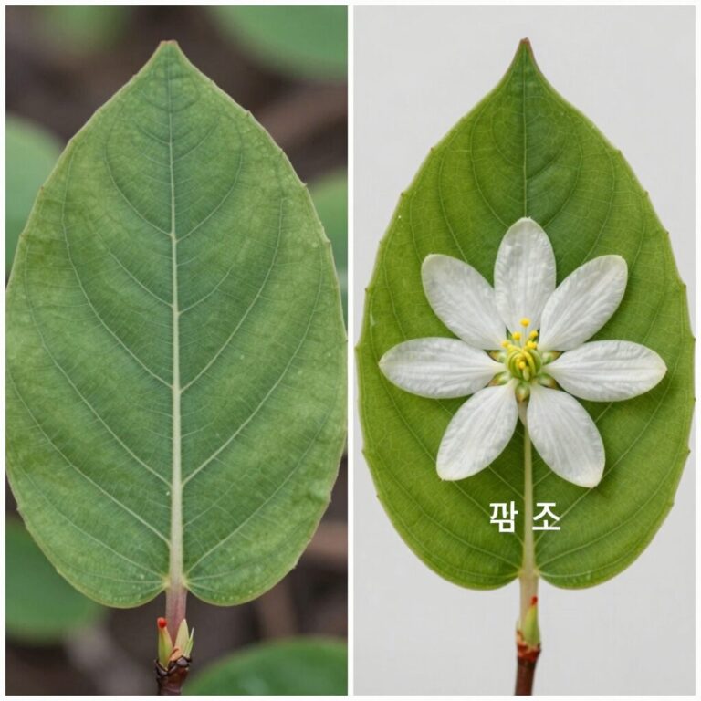 진달래와 철쭉 꽃과 잎 비교 사진 왼쪽은 잎과 함께 핀 두꺼운 꽃잎의 철쭉 오른쪽은 잎 없이 핀 얇은 꽃잎의 진달래