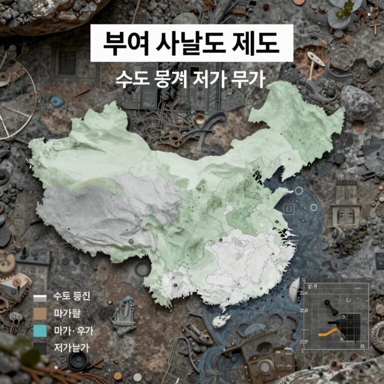 부여 사출도 제도를 나타낸 개념도로 수도 중심 동서남북 네 지역과 마가 우가 저가 구가를 표시