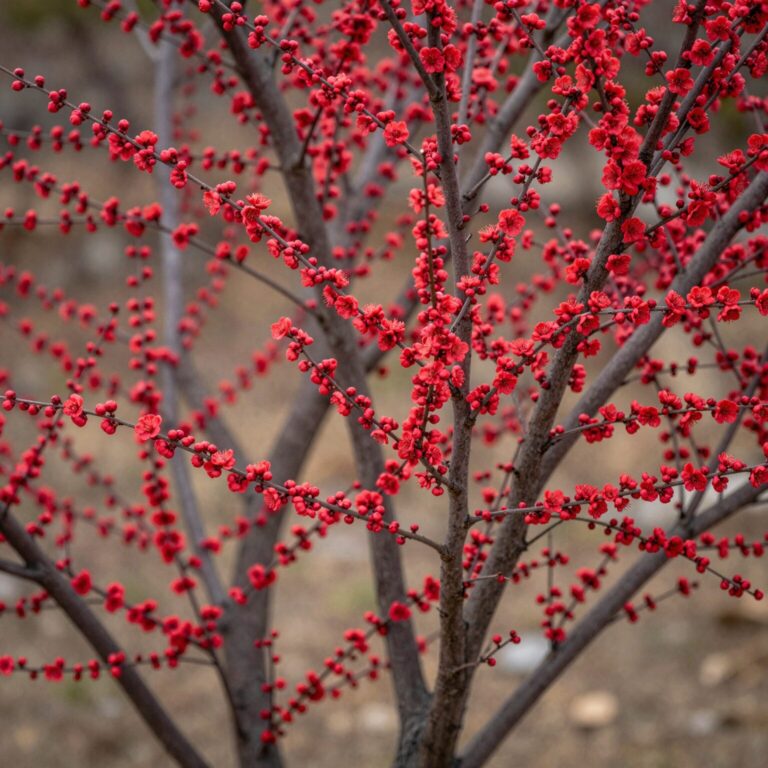 붉은 명자나무 꽃이 가지에 많이 핀 모습