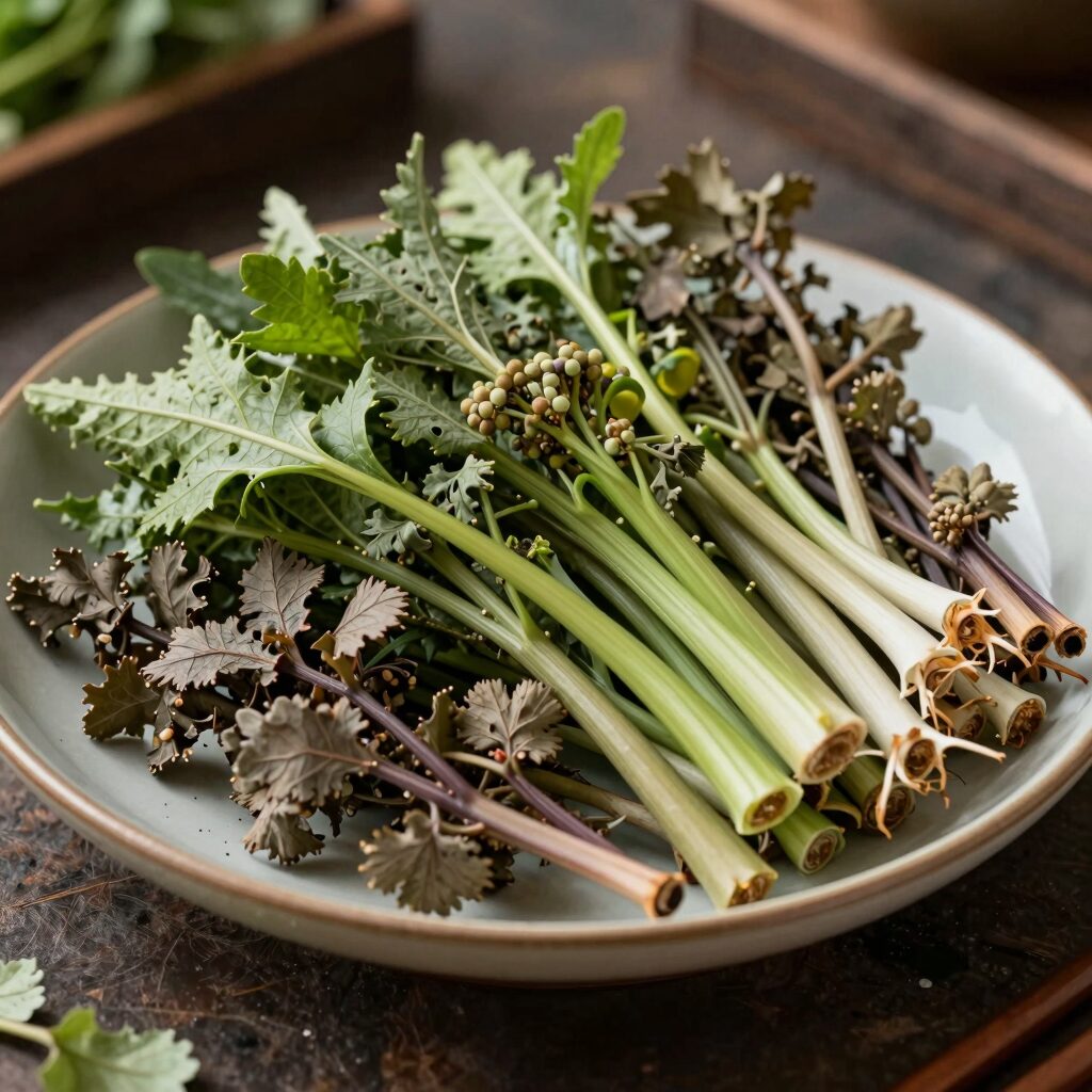 접시에 담긴 신선한 취나물과 칼슘, 칼륨, 비타민 아이콘이 함께 배치된 사진