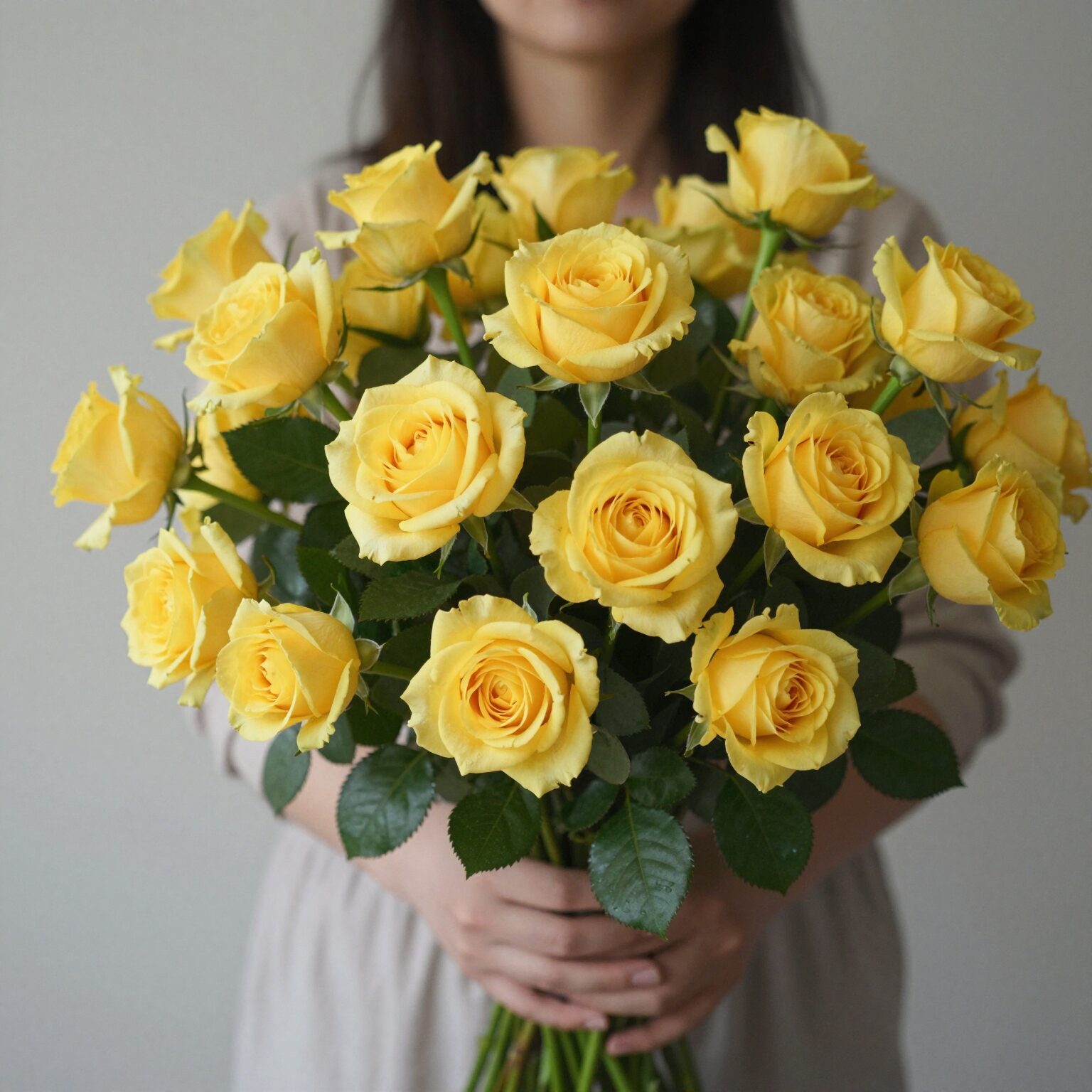 일산 커들플라워의 피치주황톤 장미 꽃다발, 여리여리한 잎과 줄기가 포인트