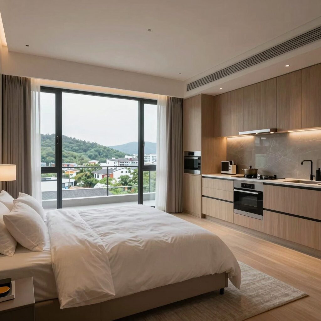 보성다비치콘도 18평 패밀리룸 내부 넓은 공간 침대 주방 모습