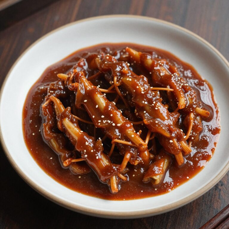 데친 두릅과 함께 담근 된장 베이스 소스가 접시에 담겨 있는 모습