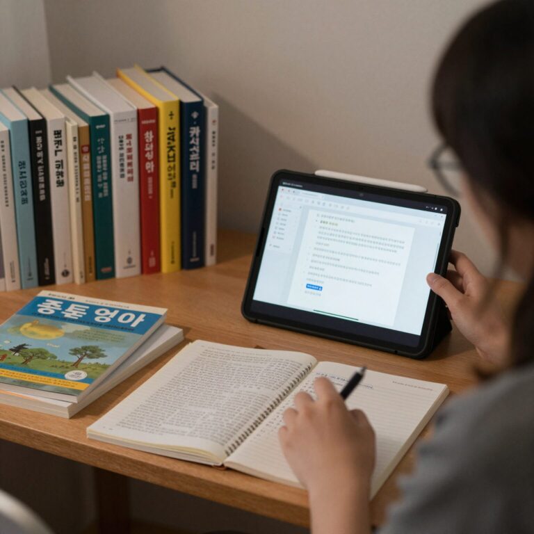 중등 영어 내신 대비를 위한 다양한 교재와 태블릿 PC가 놓인 책상