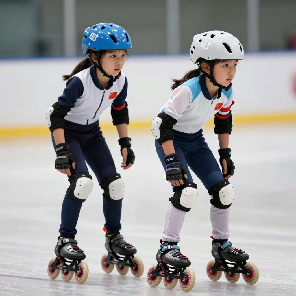 성인용 인라인세트와 아동용 인라인세트가 나란히 놓여 있는 사진. 헬멧과 보호대가 함께 구성되어 있음.