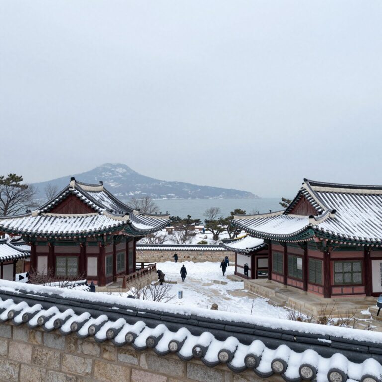 겨울 눈 내리는 낙산사 해수관음상과 동해 전망