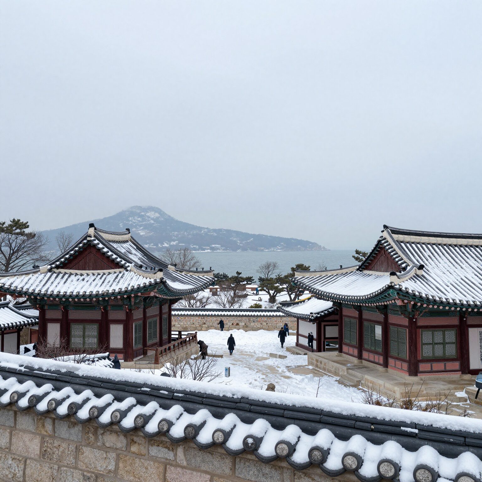 겨울 눈 내리는 낙산사 해수관음상과 동해 전망