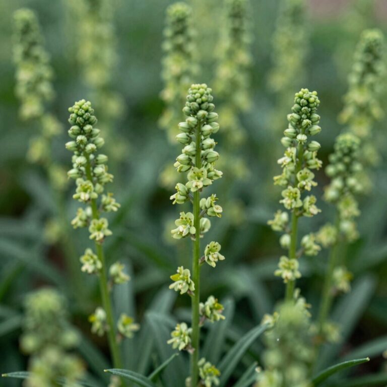 수염틸란드시아꽃이 피어 있는 모습. 녹색의 작은 꽃이 줄기 사이에서 핀 상태