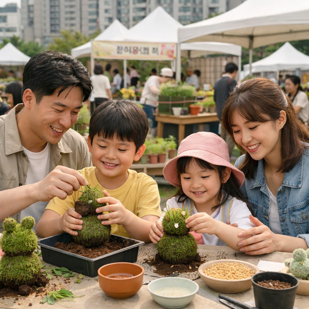 도시농업의 날 행사장에서 가족들이 보리새싹 토피어리 만들기 체험을 즐기고 있는 모습