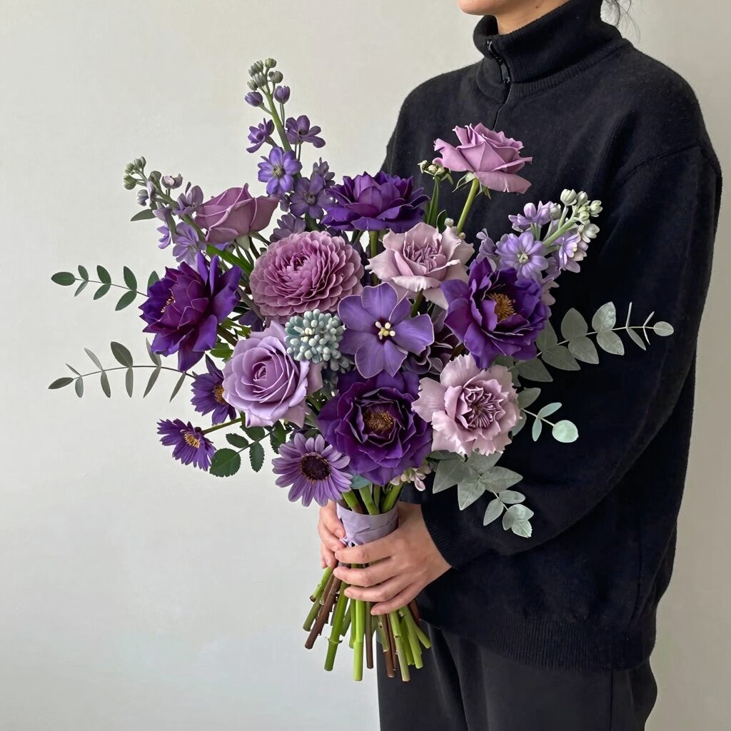 삼송꽃집 러븀플레르에서 구매한 보라색 풍성한 꽃다발