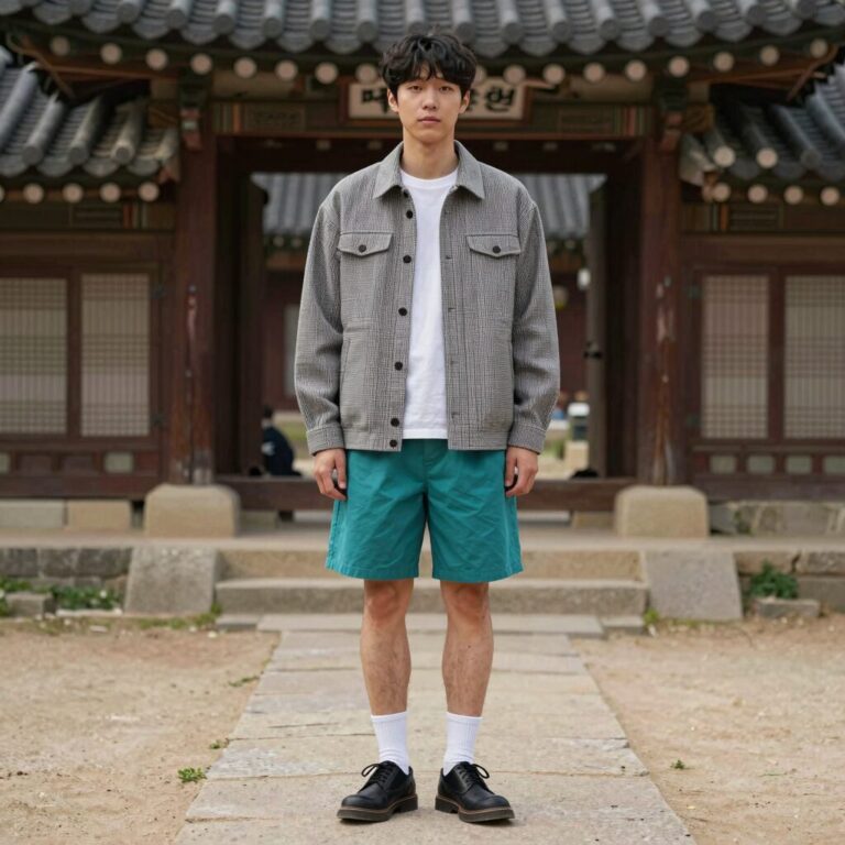 리버클래시반팔 오버핏 클립 자카드 하프 셔켓을 입고 청바지와 더비슈즈를 매치한 남성 스타일링 사진