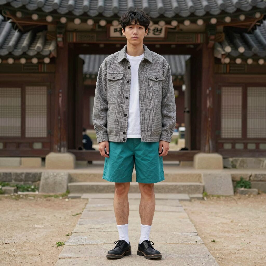 리버클래시반팔 오버핏 클립 자카드 하프 셔켓을 입고 청바지와 더비슈즈를 매치한 남성 스타일링 사진