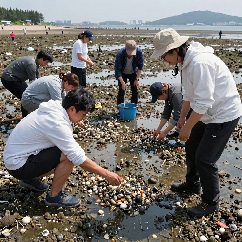 서천 비인해수욕장 갯벌에서 조개를 잡는 사람들의 모습